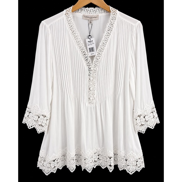 Catherine Malandrino Tops - Catherine Malandrino White Crochet Lace Trim Pleated Blouse 2X New